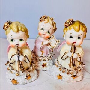SOLD RARE Trio of Midcentury Spaghetti Trim Porcelain Angels by Ajax Japan
